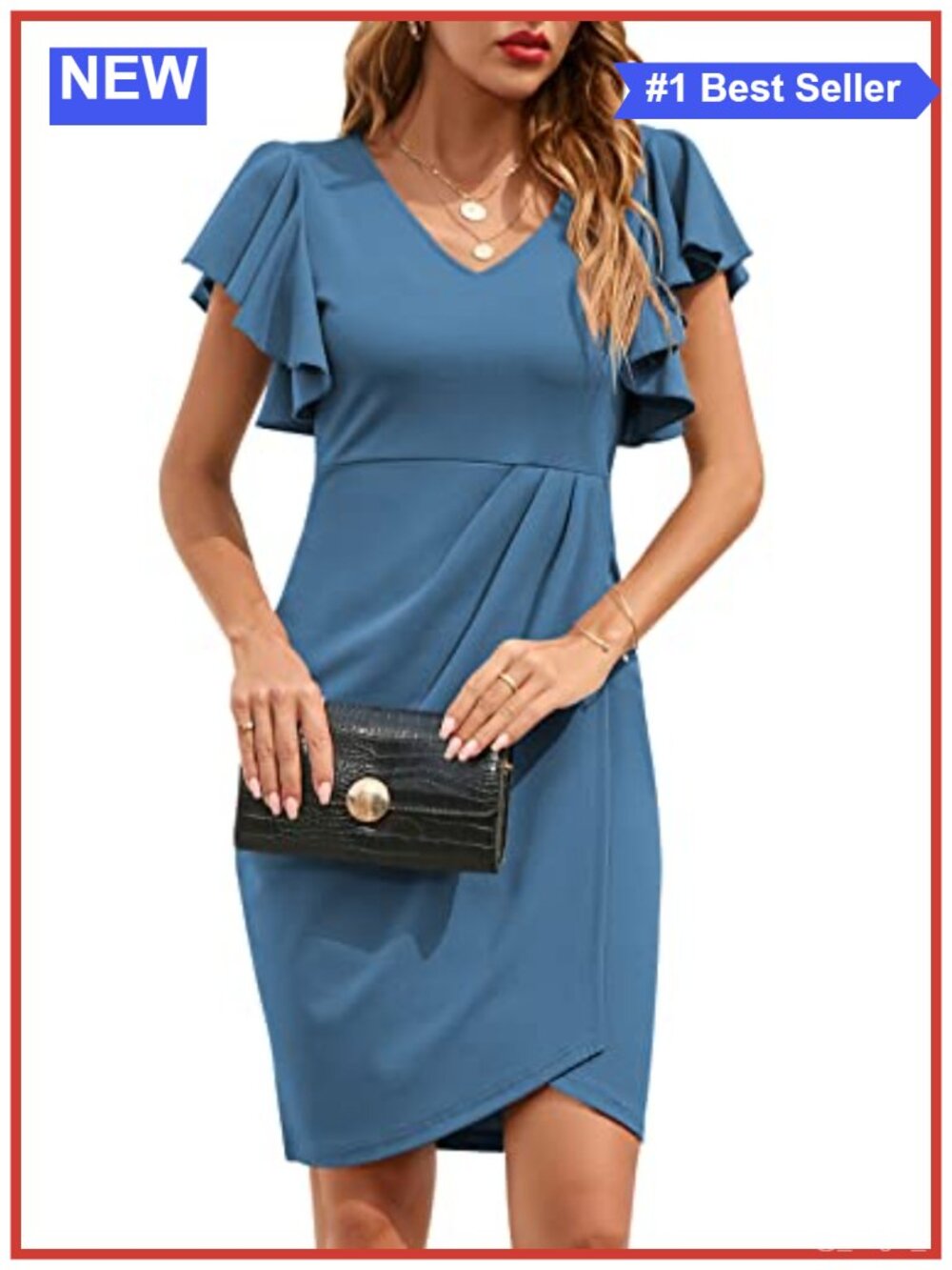 Women's V Neck Ruffle Sleeve Bodycon Wrap Ruched Cocktail Party Work Dress